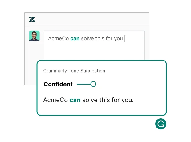 Grammarly Tone Suggestion feature identifying the tone of a sentence as 'Confident' in a clean UI overlay.