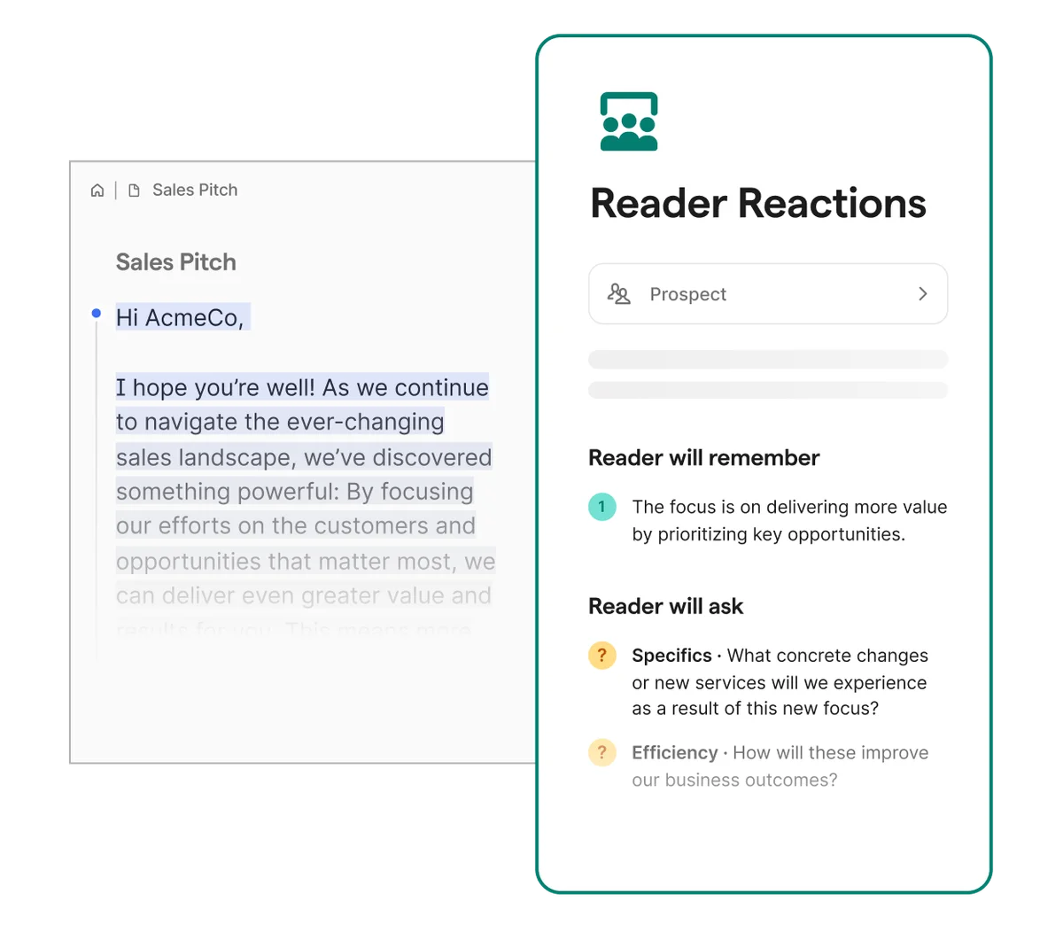 Grammarly AI writing assistant showing reader reactions and potential questions on a sales pitch with a modern split-panel interface.