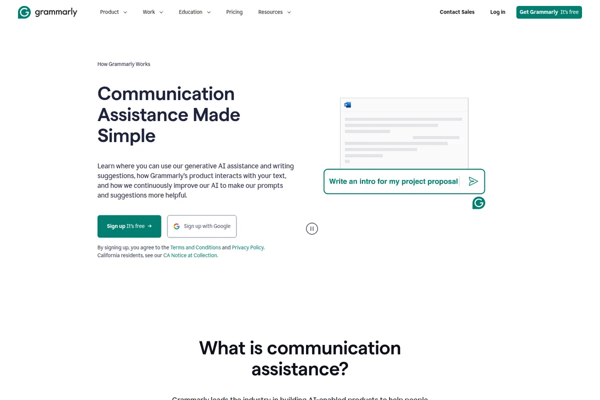 Grammarly AI writing assistance showing a prompt to 'Write an intro for my project proposal' in a clean web interface.