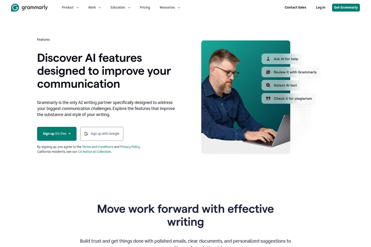 Grammarly features page demonstrating AI communication tools with a user typing on a laptop and floating feature bubbles.