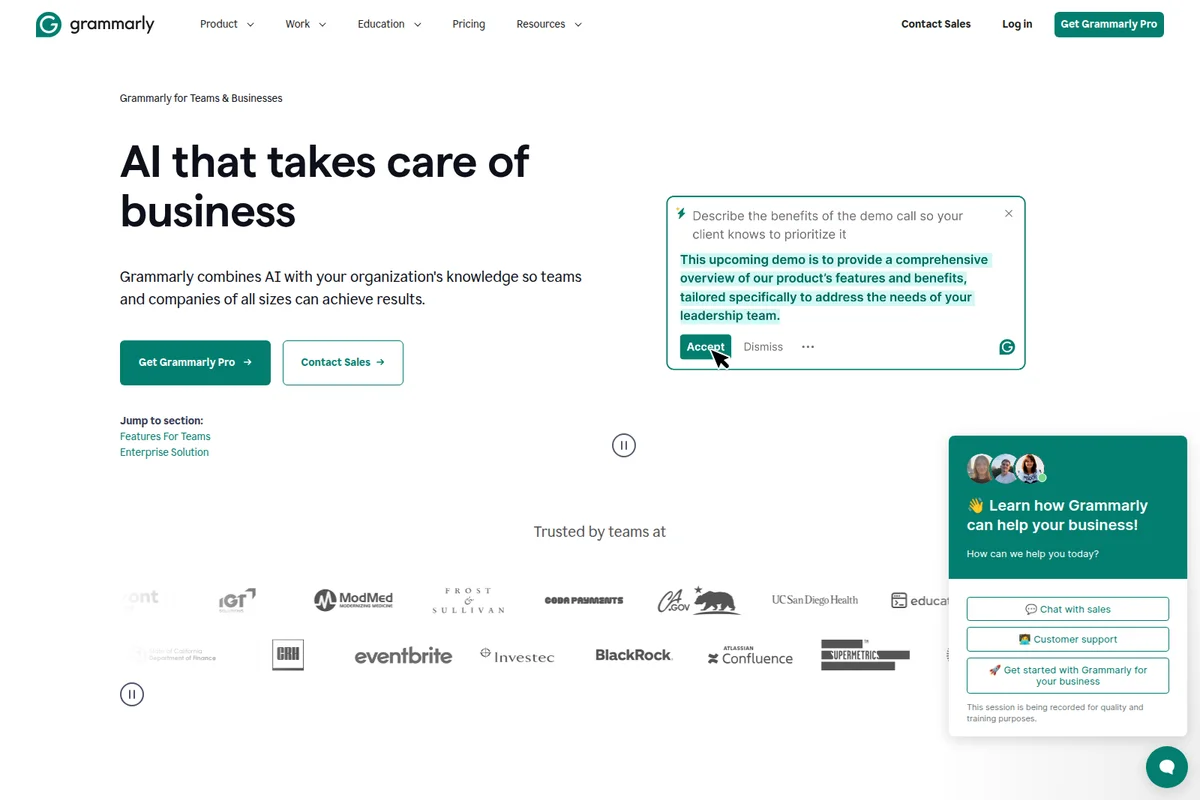 Grammarly business landing page showing AI features, an interactive demo call prompt, and a support chat widget.
