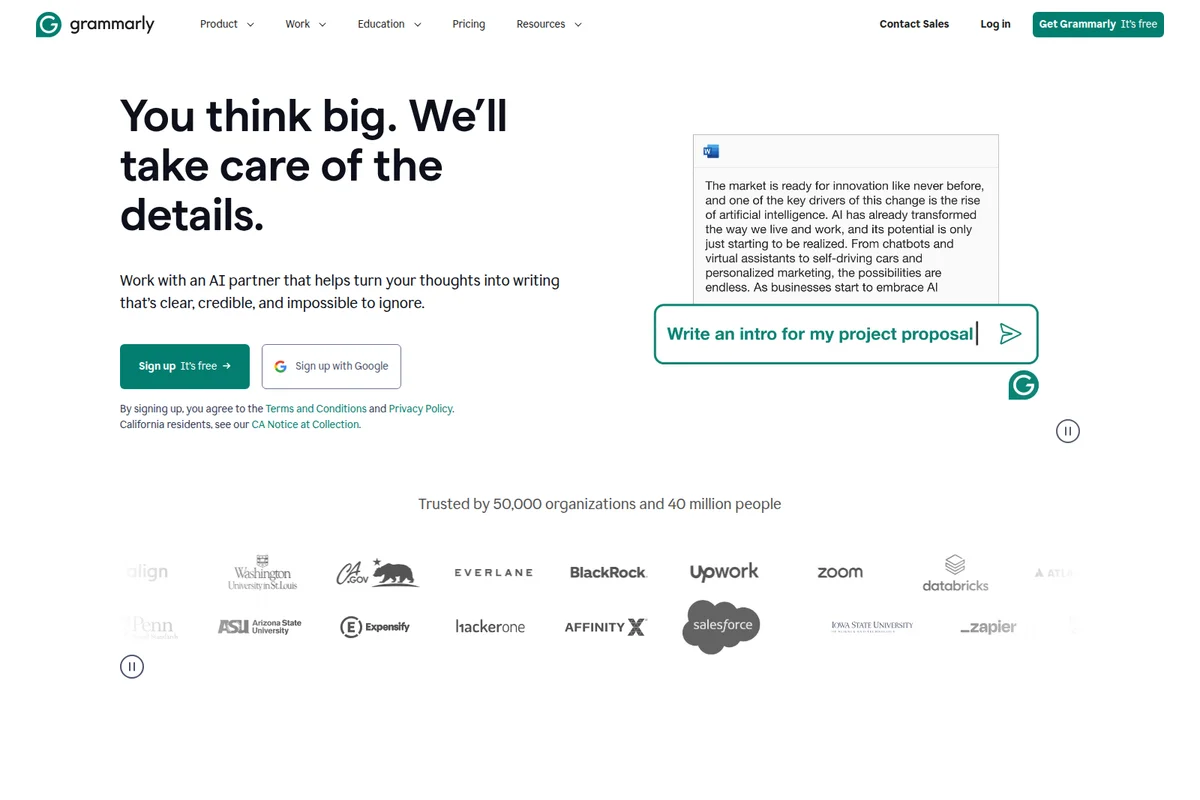 Grammarly homepage showcasing its AI writing assistant with a prompt input and a generated text example in a clean, modern interface.