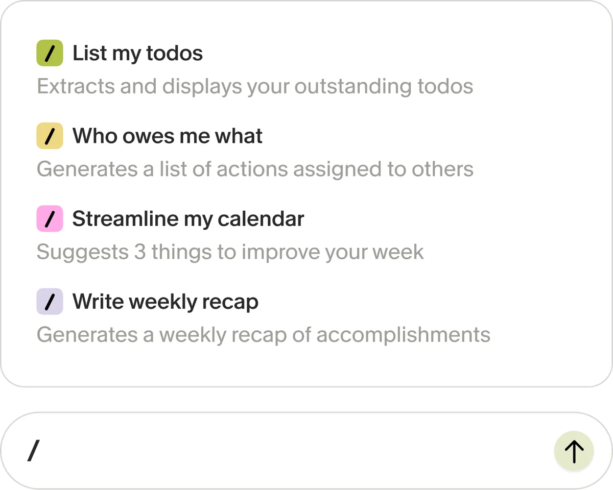 granola AI command palette showing suggested productivity commands like 'List my todos' and 'Streamline my calendar' with a clean, light interface.