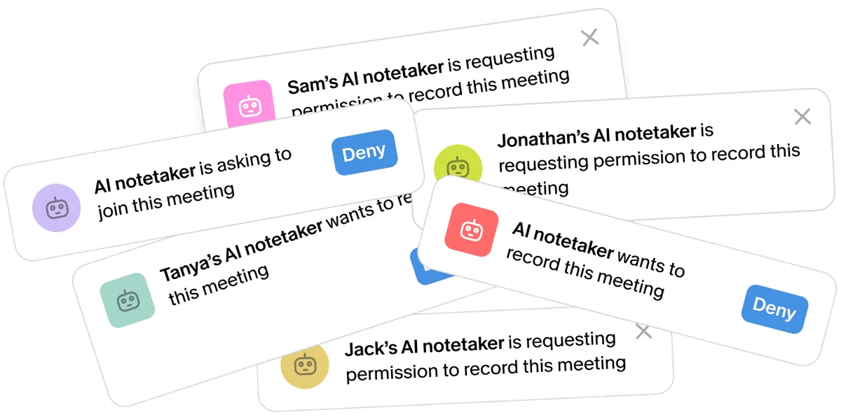 Granola AI notetaker feature deep-dive showing multiple AI notetakers requesting permission to join or record a meeting with overlapping notification pop-ups.