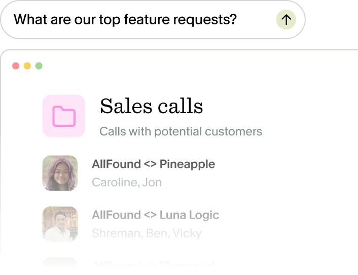 granola workspace UI showing search results for 'top feature requests' with a clean, minimalist design.