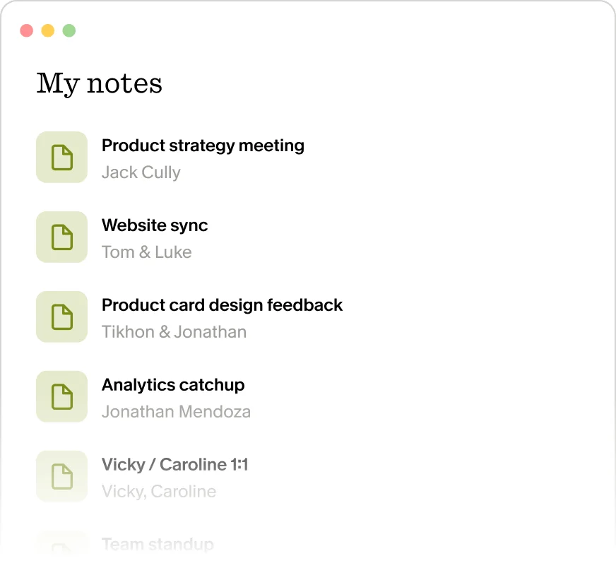 Granola notes workspace showing a list of meeting and feedback notes with associated team members in a clean light-mode interface.
