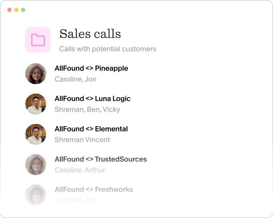 Granola sales call log showing a list of customer calls with participant names and company details in a clean light-themed interface.
