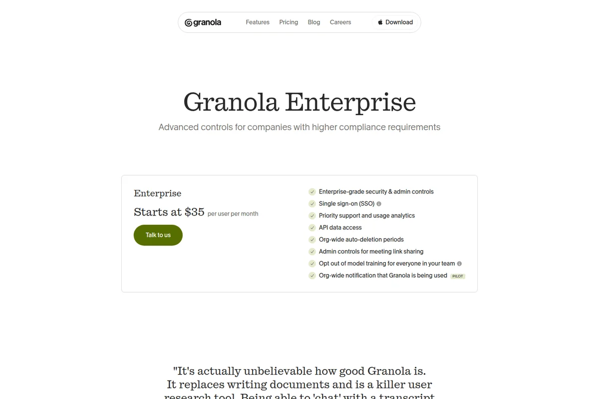 Granola Enterprise features and pricing page displaying enterprise-grade security and admin controls in a clean white interface.
