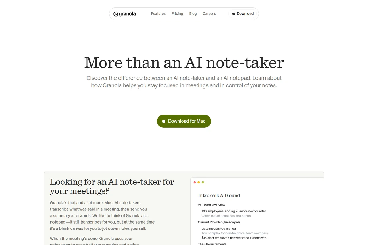Granola AI note-taker landing page showcasing its unique notepad approach with an example meeting summary dashboard.