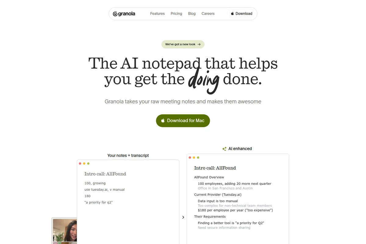 Granola homepage showing AI notepad transforming raw meeting notes into enhanced summaries with a clean interface.