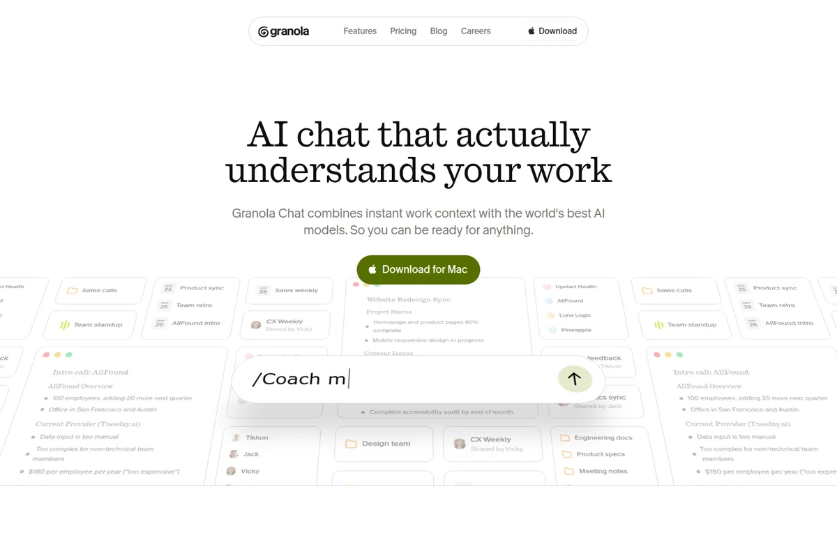 Granola AI chat workspace showing a user typing '/Coach m' into the input field, surrounded by various work context cards in a clean light-mode interface.