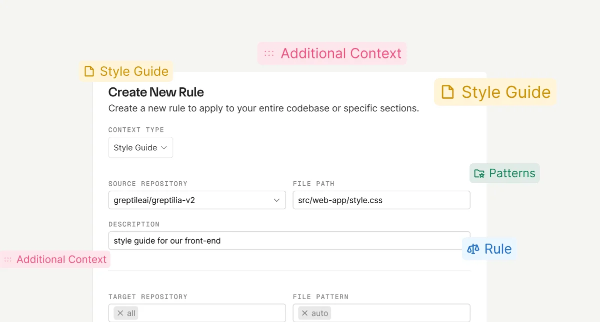 Greptile feature deep-dive showing a 'Create New Rule' form for code style guides with a clean light-theme interface.