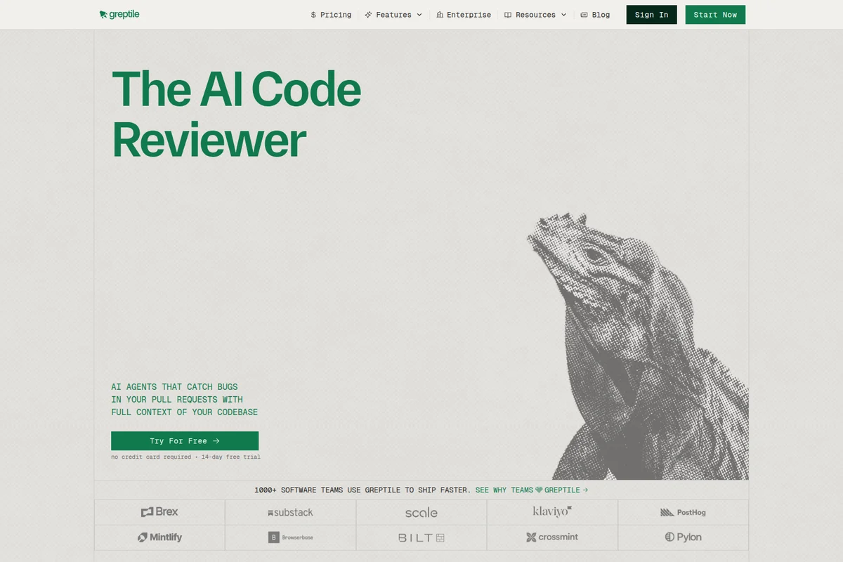 Greptile landing hero page showcasing 'The AI Code Reviewer' headline and a stylized halftone lizard graphic with a clean light interface.