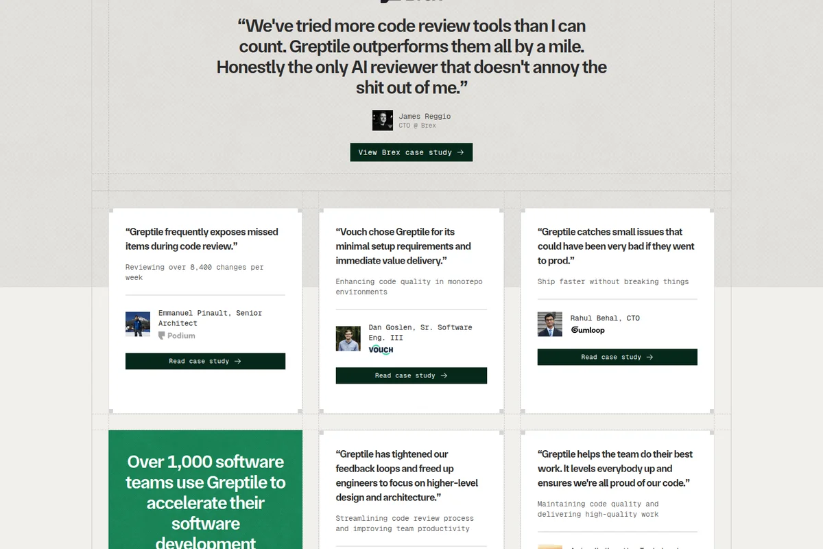 Greptile customer testimonials page highlighting positive feedback from CTOs and engineers in a clean, card-based layout.