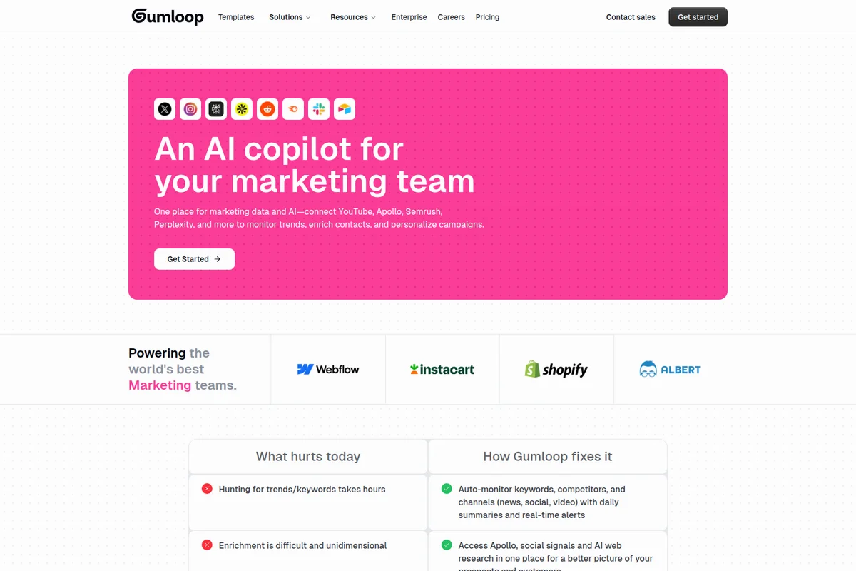 Gumloop landing page hero featuring an AI copilot for marketing, showcasing integrated apps and a vibrant pink design.