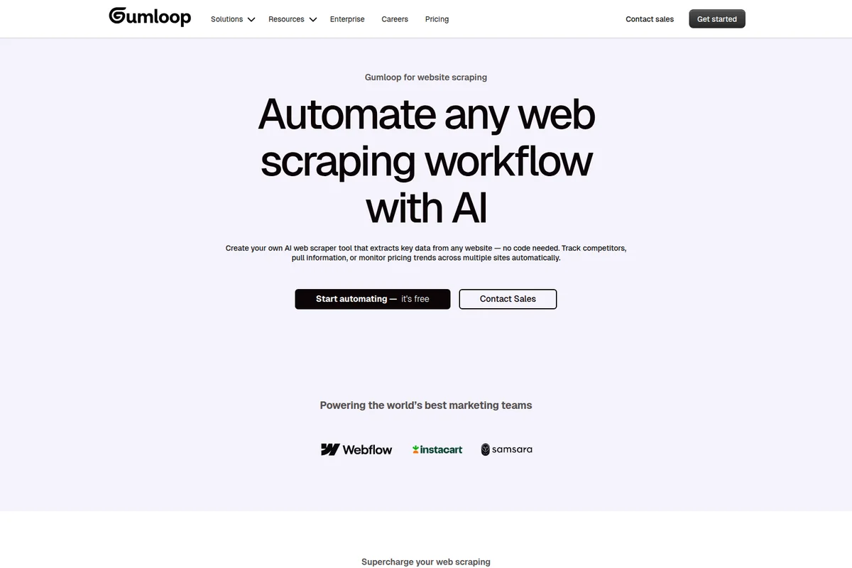 Gumloop landing page hero section showcasing the core value proposition of automating web scraping with AI, presented with a clean minimalist interface.