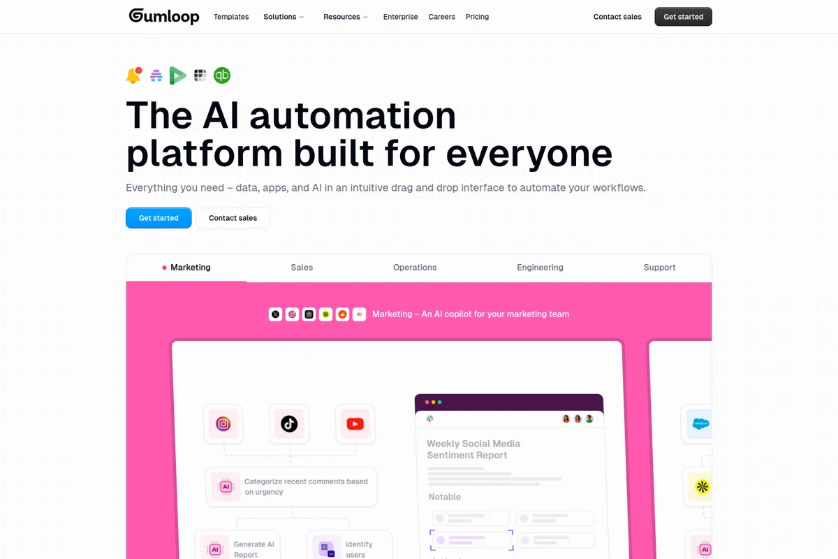Gumloop workspace UI showing an AI automation workflow for social media sentiment analysis with a clean, modern interface.