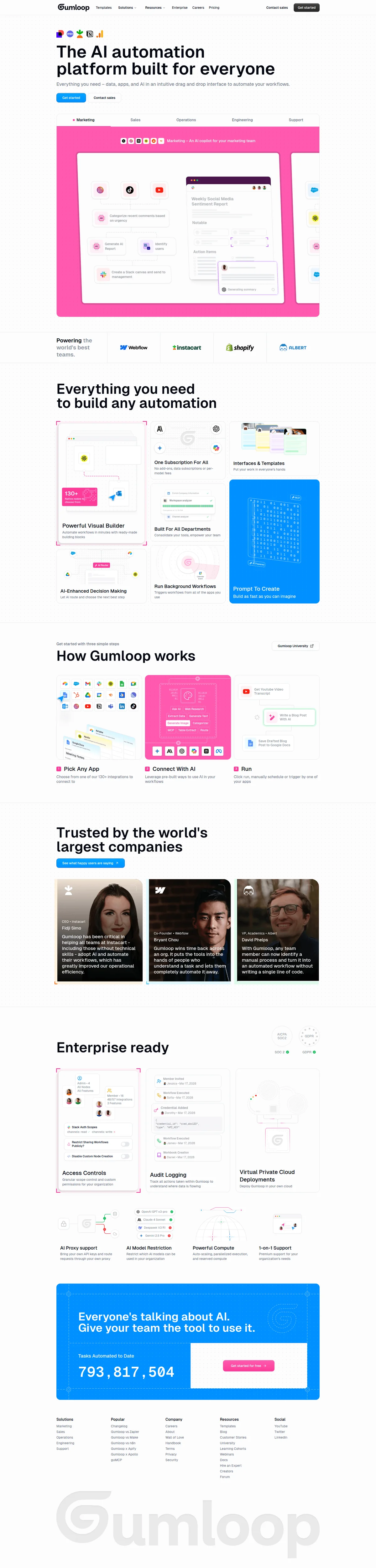 Gumloop AI automation platform homepage showcasing a visual workflow builder and AI integration features with a modern, vibrant UI.