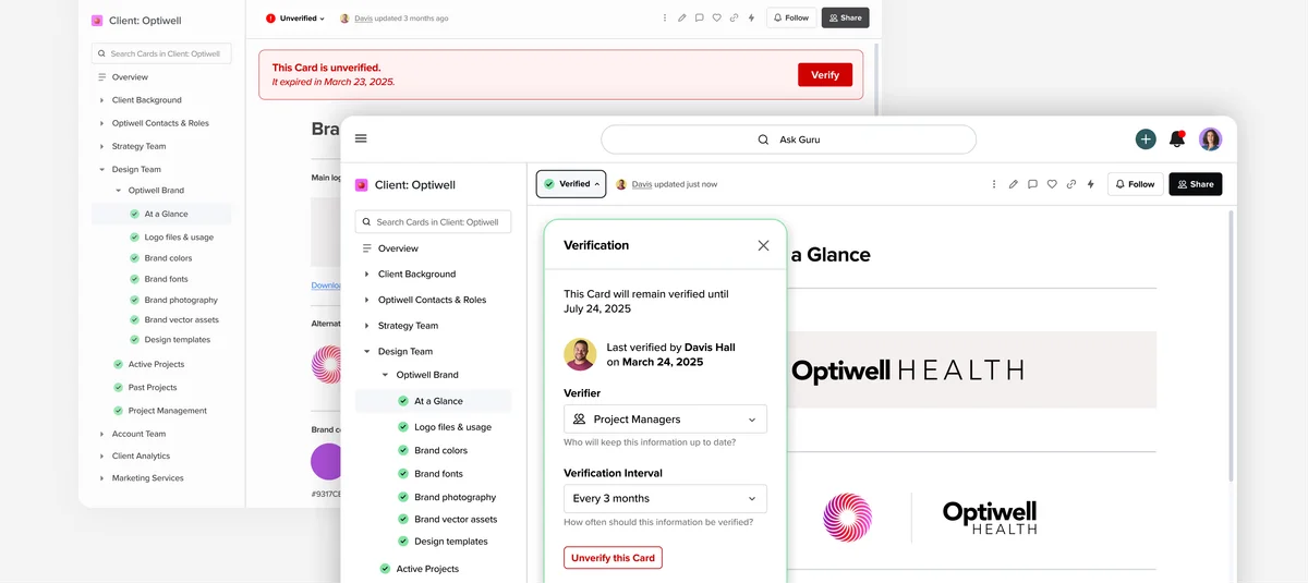 Guru workspace showing Optiwell client knowledge cards with a content verification modal open, demonstrating how cards are verified.
