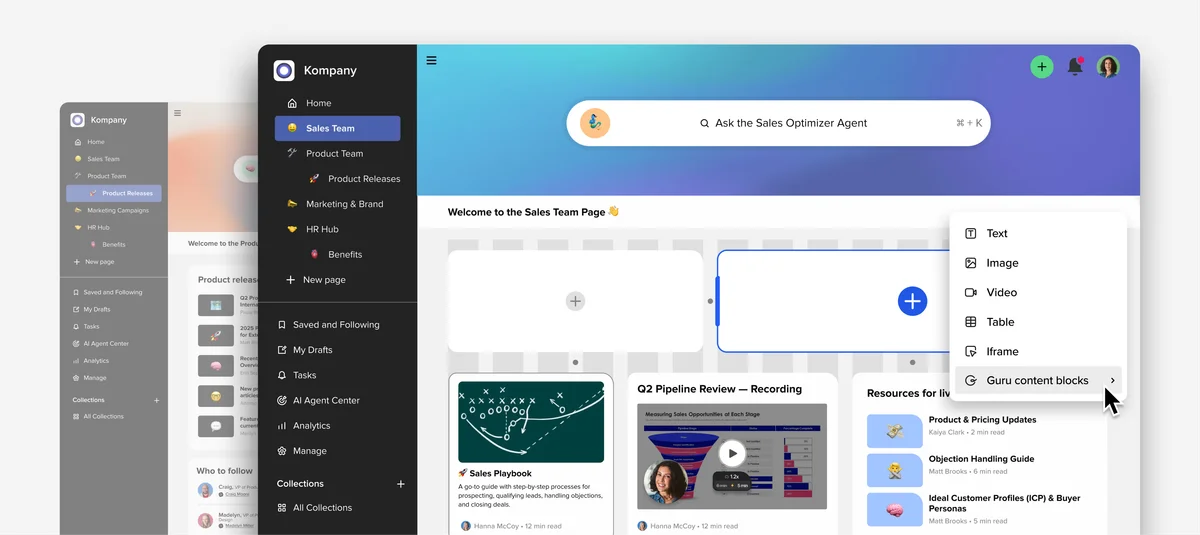 Kompuny knowledge management workspace showing an active menu to add text, media, and Guru content blocks, with a modern, clean interface.