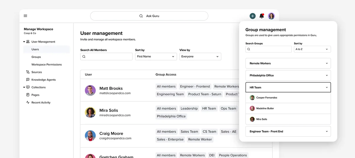 Guru user management workspace showing the admin interface for managing user groups and access permissions in a clean light-theme.