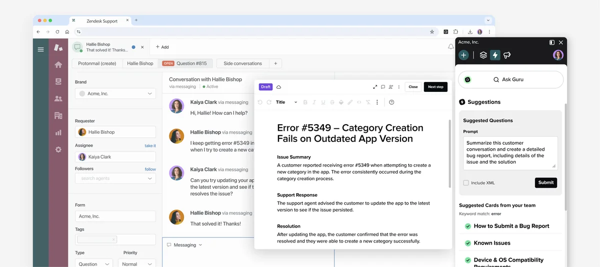 Guru AI panel in Zendesk showing real-time knowledge suggestions for a customer chat and bug report drafting.