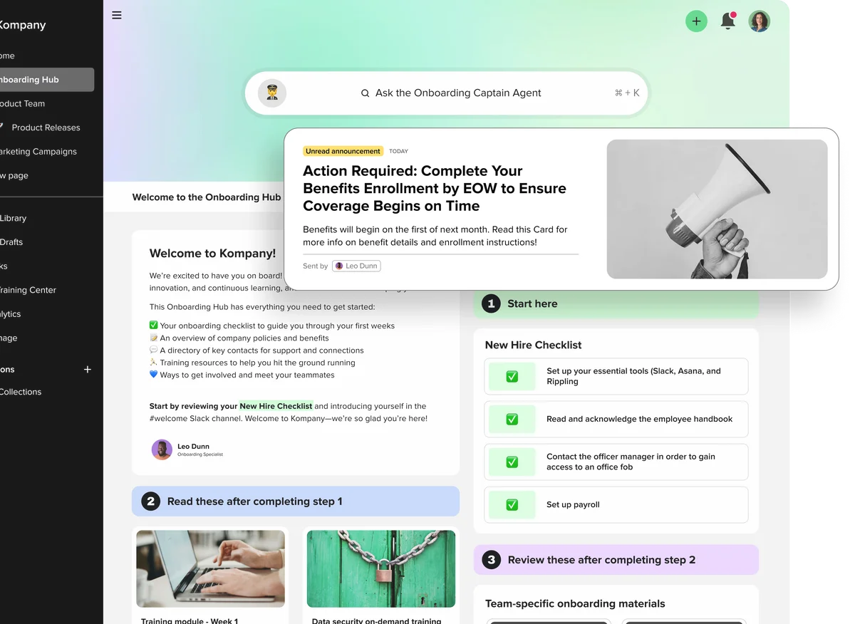 Kompany (Guru) onboarding hub showing a new hire checklist and a benefits enrollment announcement pop-up with a modern interface.