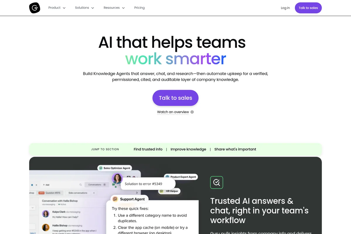 Guru workspace UI showing various AI knowledge agents providing solutions and quick fixes in a clean conversational interface.