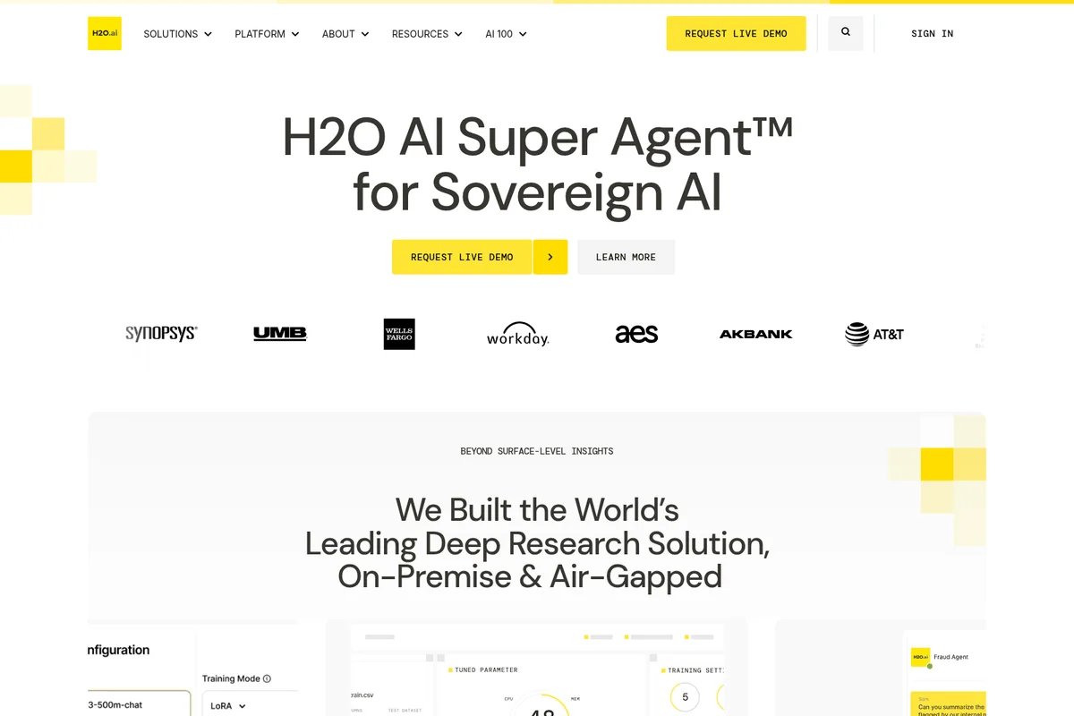 H2O.ai homepage displaying 'H2O AI Super Agent™' for Sovereign AI, client logos, and a partial view of the AI chat agent interface.