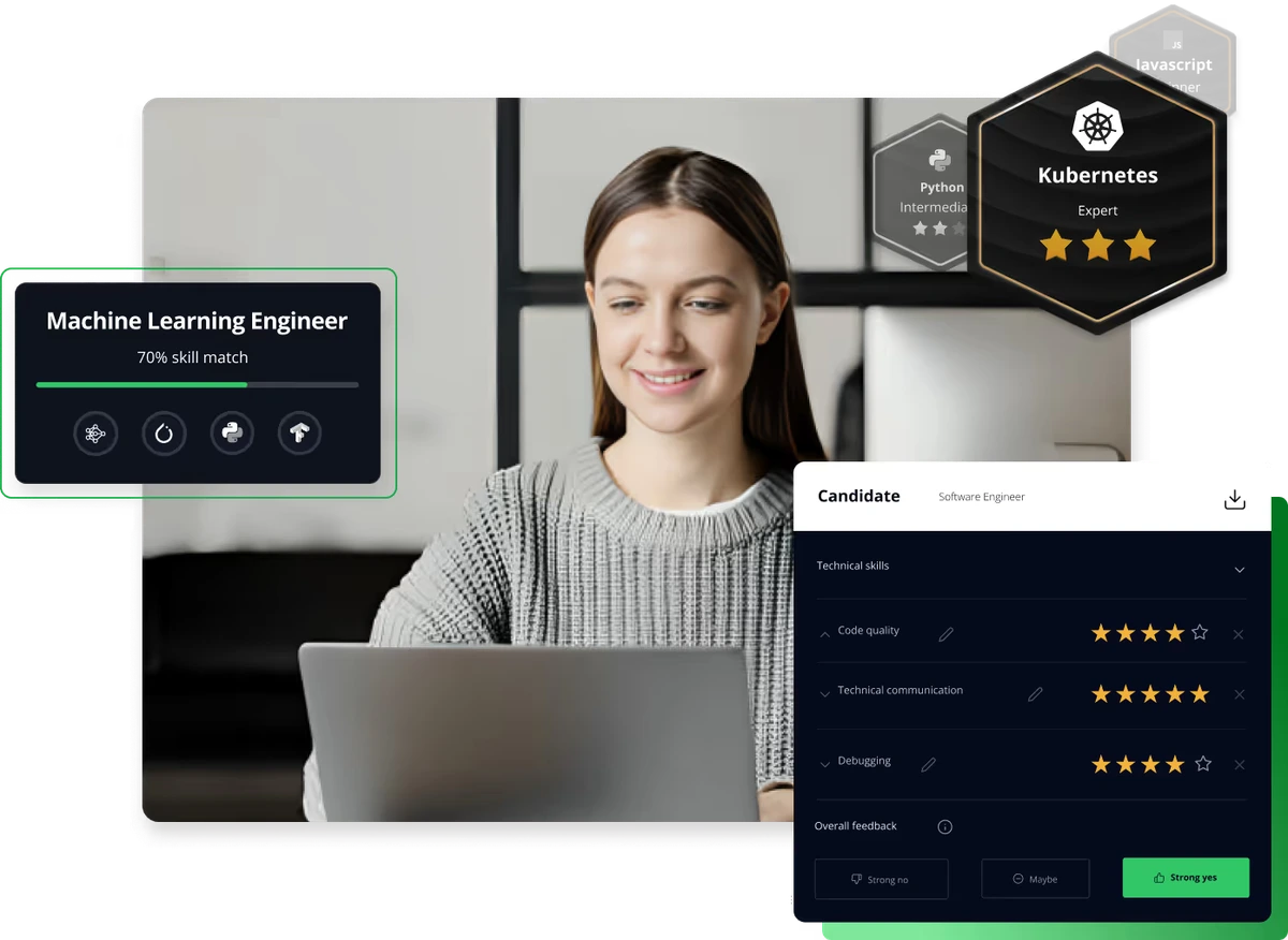 Hackerrank candidate evaluation workspace showing a Machine Learning Engineer's skill match and technical feedback in a dark-mode UI.
