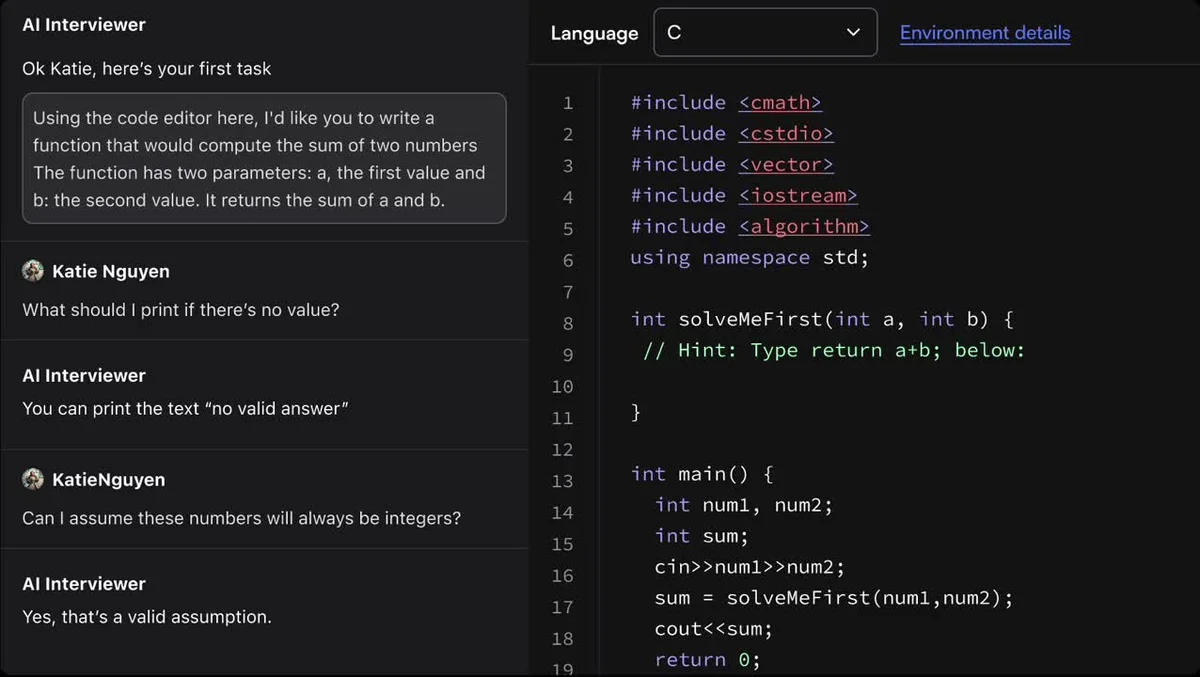 HackerRank workspace UI showing an AI-powered coding interview with a chat interface and code editor in a dark-mode theme.