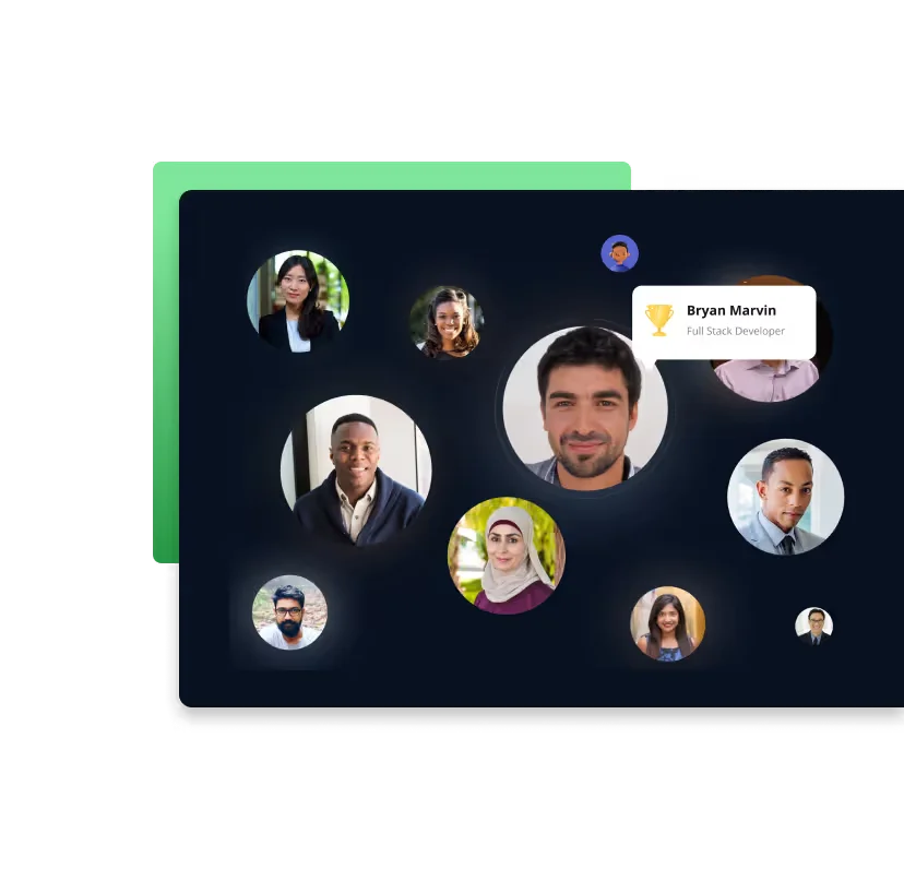 Hackerrank developer community workspace showing diverse profiles and a recognition pop-up for 'Bryan Marvin' in a dark theme.