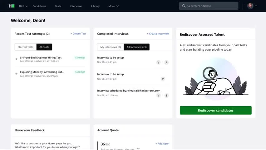 HackerRank recruitment dashboard showing recent test attempts, scheduled interviews, and talent rediscovery tools in a clean light-mode interface.