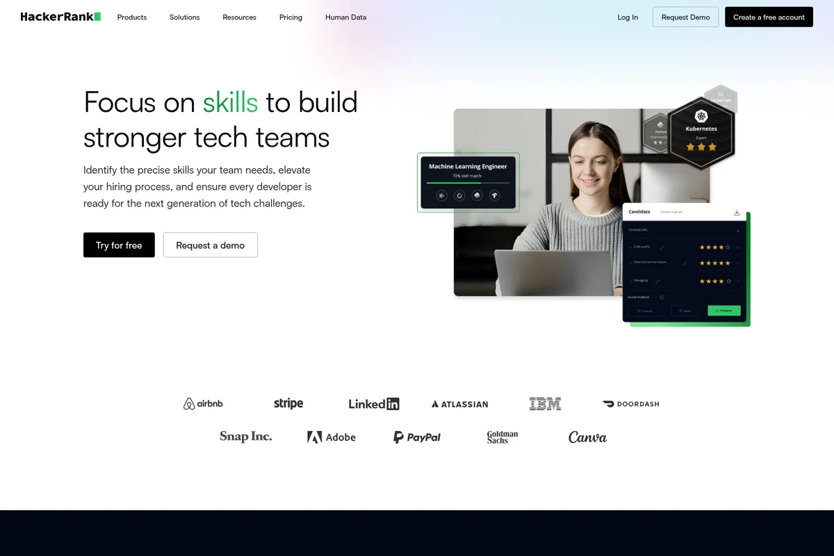 HackerRank landing page showcasing candidate skill assessment and evaluation tools with a modern, clear interface.