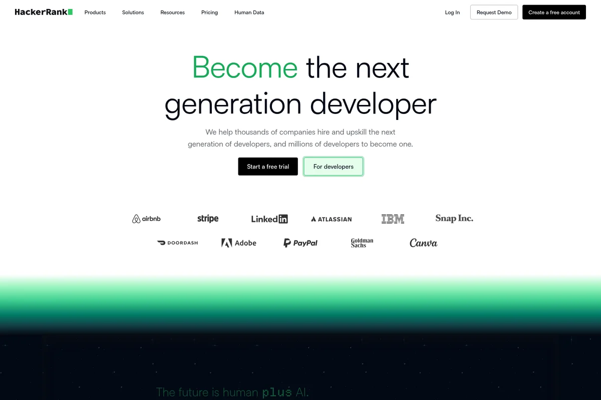 HackerRank homepage hero showcasing the platform's mission to upskill developers, featuring client logos on a clean white-background design.