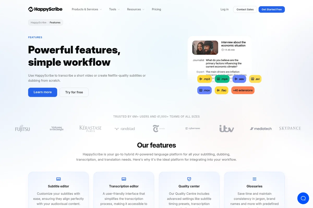 HappyScribe features page showing transcription with supported file types and simple workflow in a modern UI.