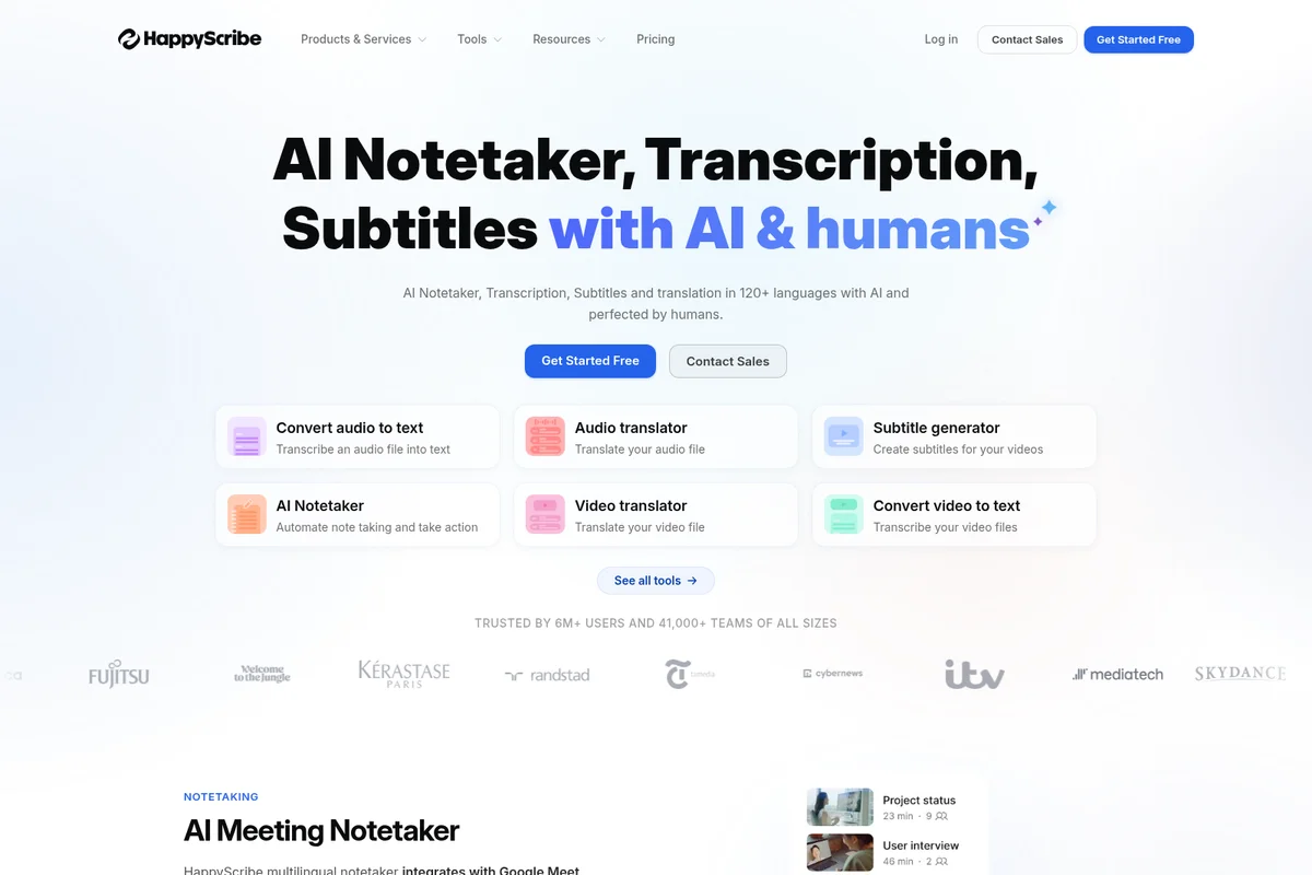 HappyScribe homepage showcasing AI notetaker, transcription, and subtitle tools with a clean, modern interface.