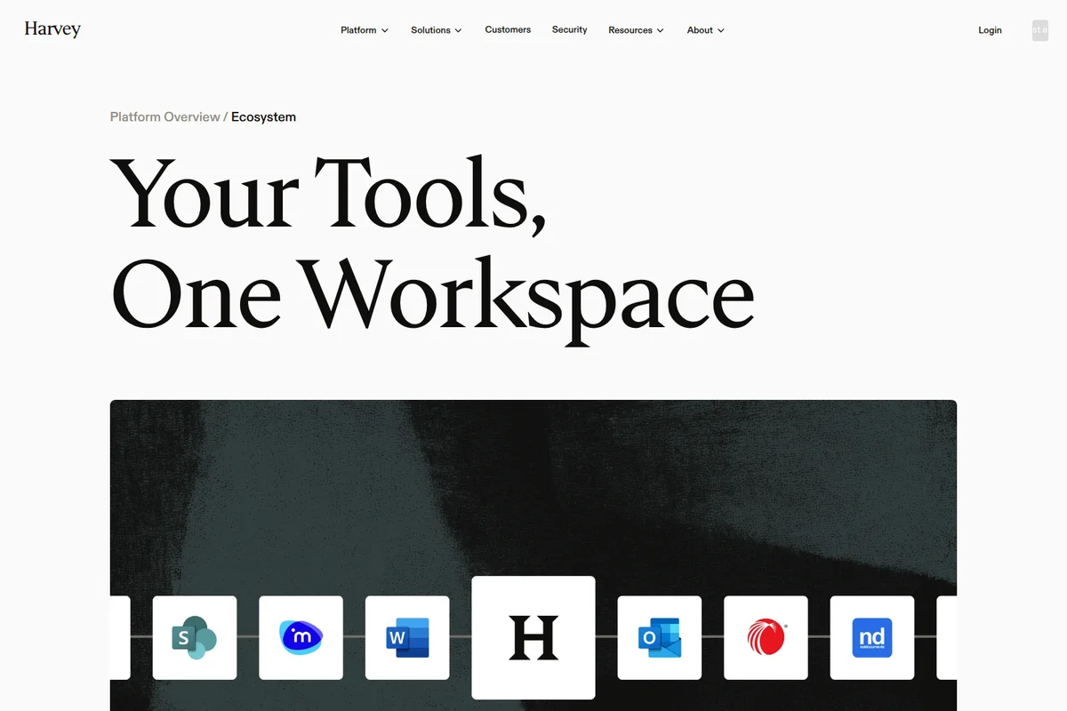 Harvey ecosystem page showcasing various integrated app icons including Microsoft products and Salesforce, under the bold headline 'Your Tools, One Workspace' with a clean design.