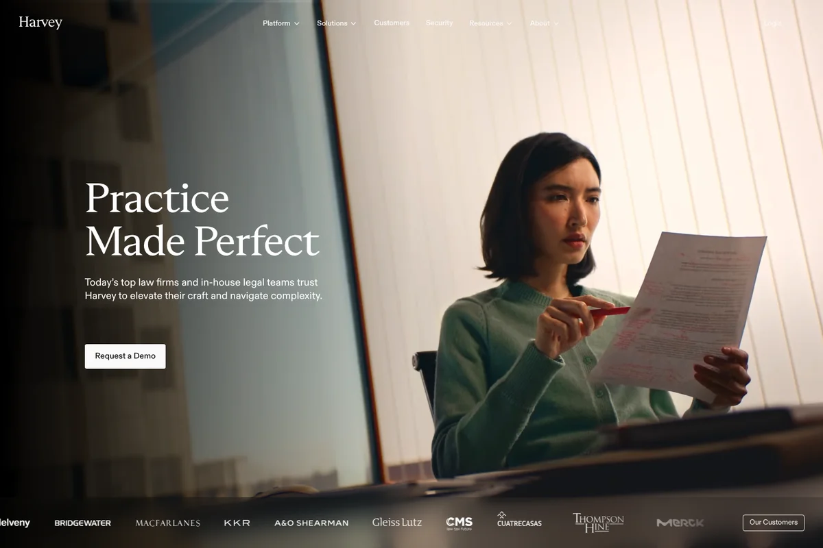 Harvey landing page hero showing a woman reviewing a legal document, emphasizing practice made perfect with a modern professional design.