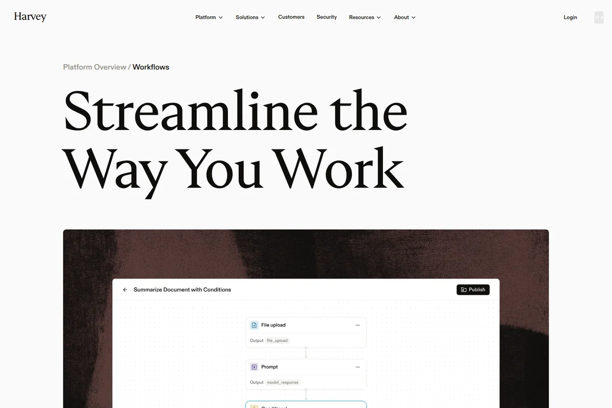 Harvey workflow builder UI showing document summarization with connected file upload and prompt nodes in a clean interface.