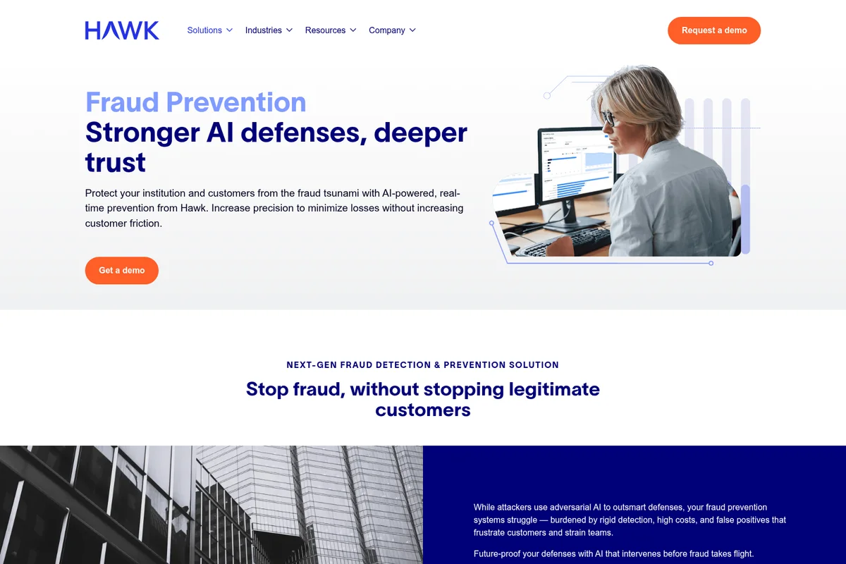 Hawk AI landing page hero showing a woman analyzing fraud prevention data on multiple monitors with a modern design.