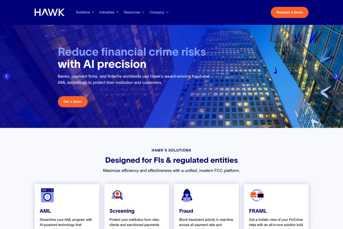 Hawk-AI homepage hero showcasing 'Reduce financial crime risks with AI precision' over a stylized city skyline in a modern, dark-blue interface.