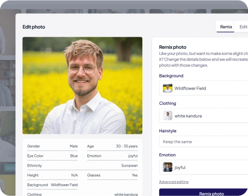 HeadshotPro remix editor showing a man's professional headshot with options to change background, clothing, and emotion in a clean interface.