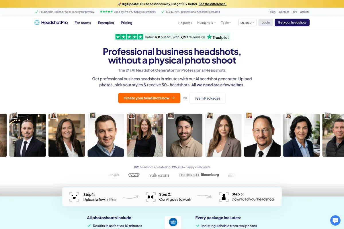HeadshotPro landing page showing a hero section about AI business headshots, a gallery of diverse AI-generated portraits, and a 3-step usage guide.