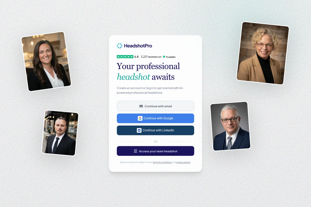 HeadshotPro onboarding flow showing login options and examples of professional headshots generated by the AI tool.