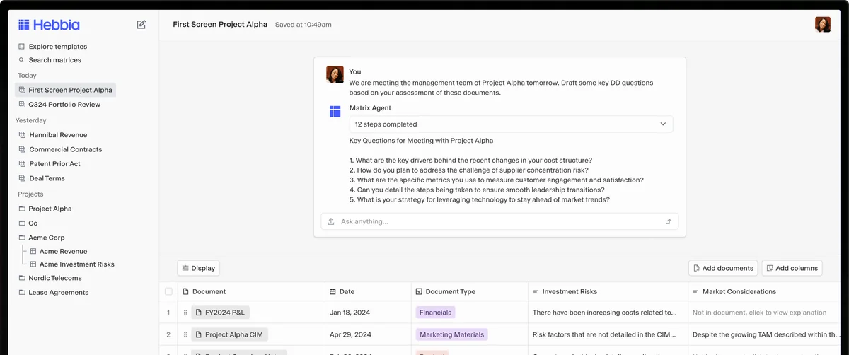 Hebbia workspace UI showing an AI agent generating key meeting questions from documents with a clean, modern interface.