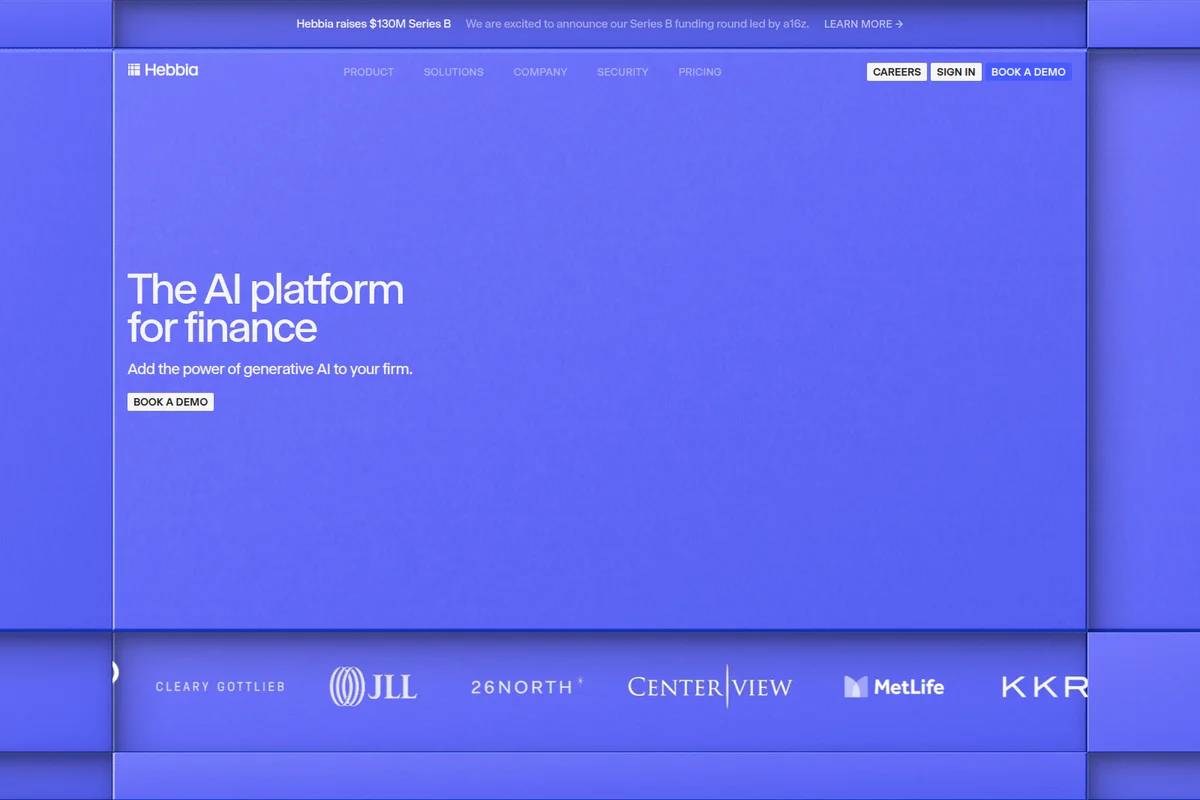 Hebbia landing page hero section showcasing the AI platform for finance and trusted client logos with a modern blue-themed interface.