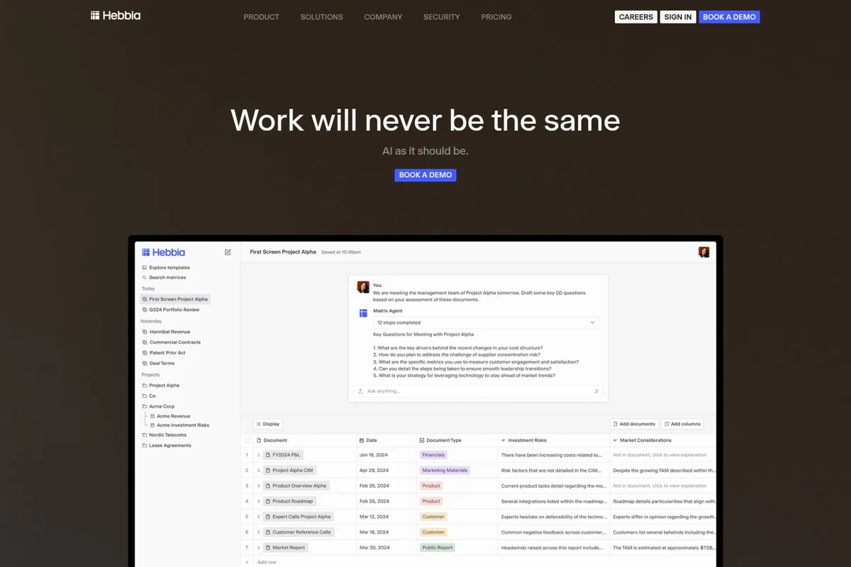 Hebbia workspace UI showing an AI agent generating key questions from documents and displaying a detailed document table with investment risks in a dark theme.
