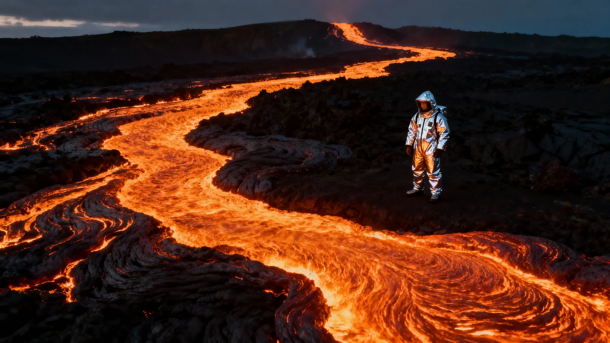 Hedra output sample of a person in a heat-resistant suit near a flowing river of molten lava, showcasing high-fidelity environment generation.