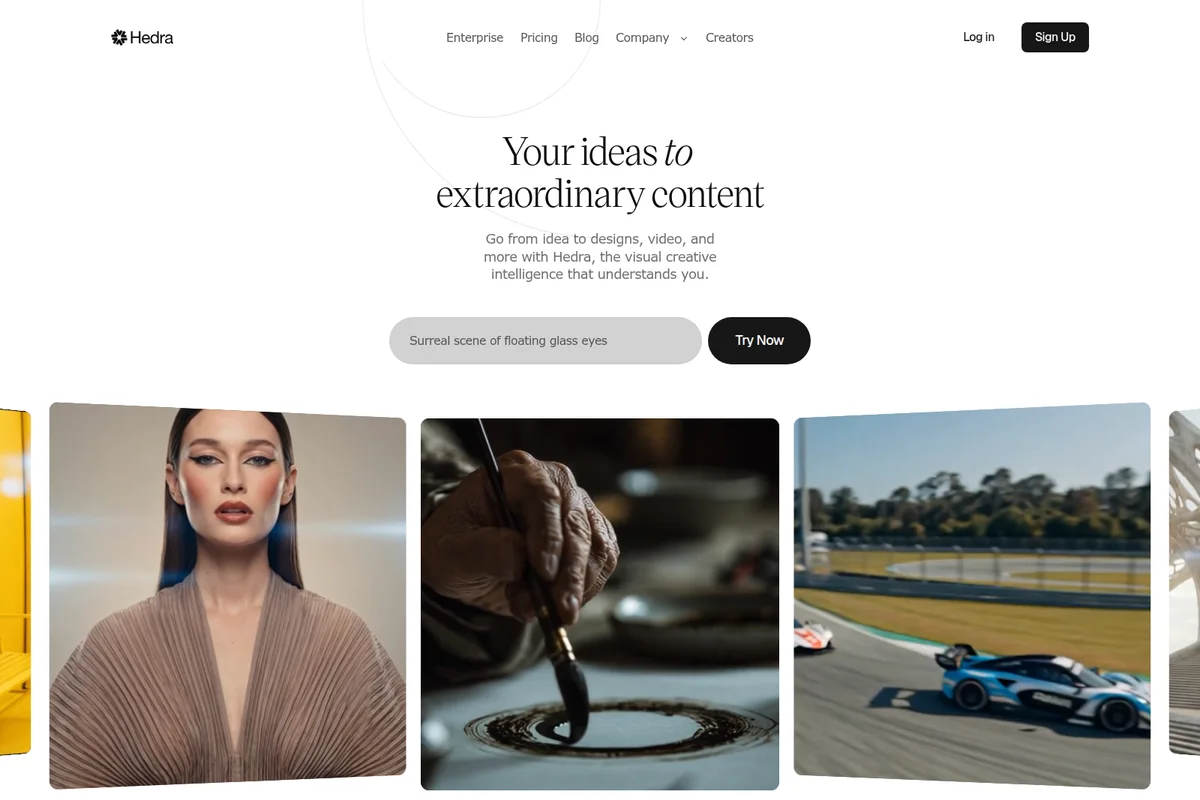 Hedra landing page hero section showing a prompt input field for content generation with a clean, modern interface.